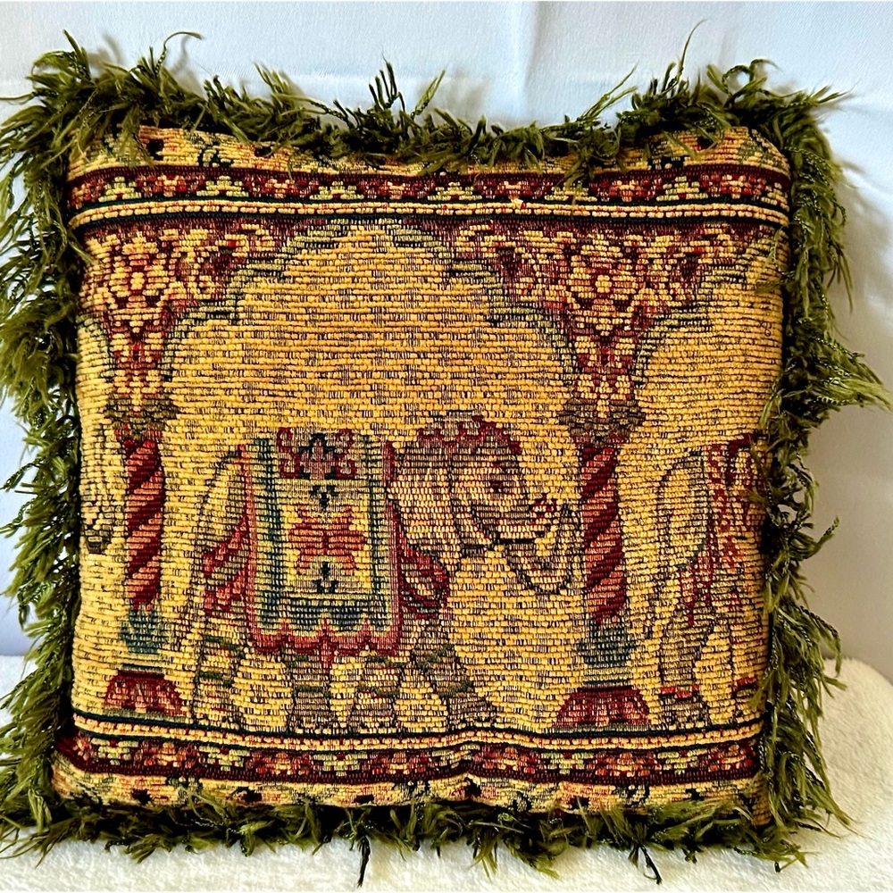 Vintage Decorative Elephant Tapestry Pillow Green Burgundy Square 11.5” Fringe - Picture 12 of 12